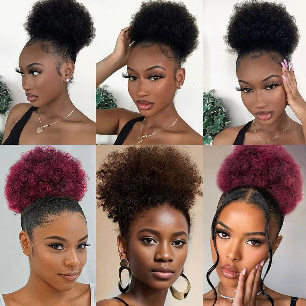 Tanjet Burgundy Afro Kinky Puff Ponytail Human Hair Bun Natural Black Kinky Curly Drawstring Ponytail Brazilian Hair Extensions