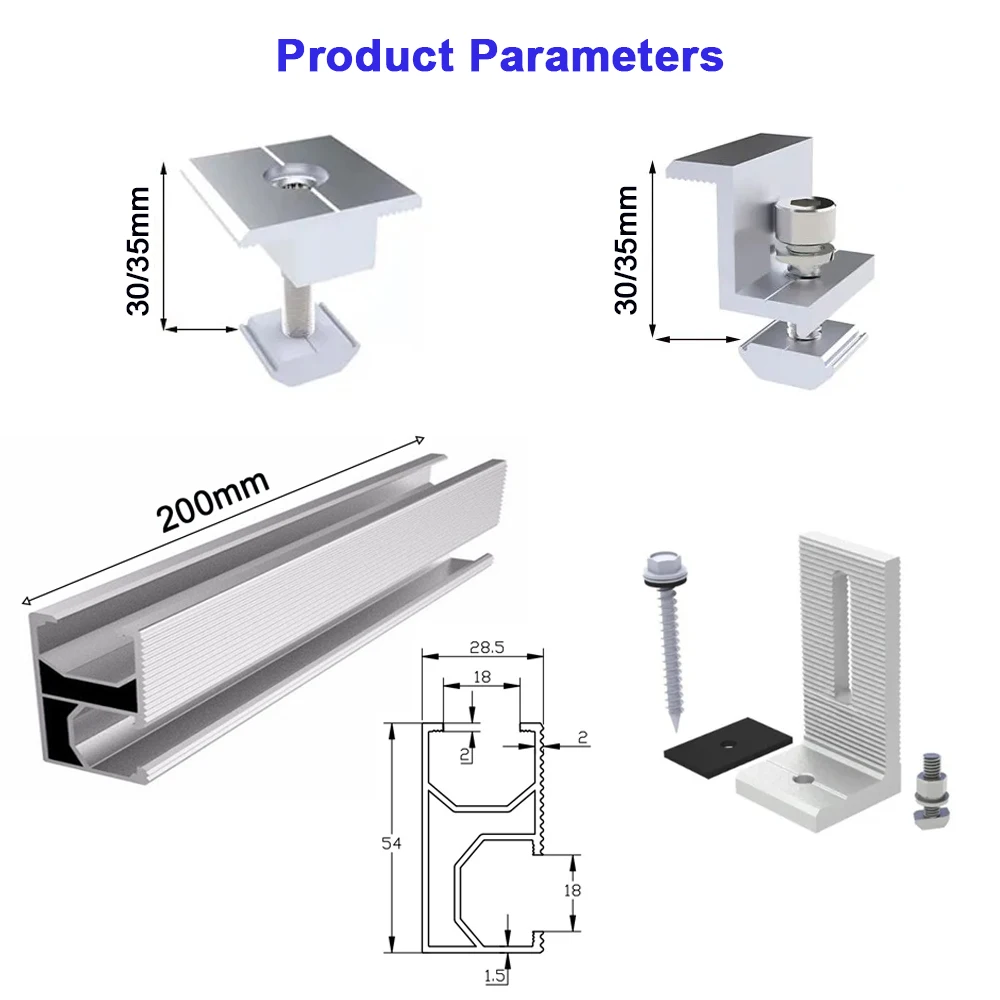 Solar Panel Roof Mounting Rails Photovoltaic Panel Solar Bracket Aluminium Rail Mid And End Clamp For Shingle Roof 30/35mm