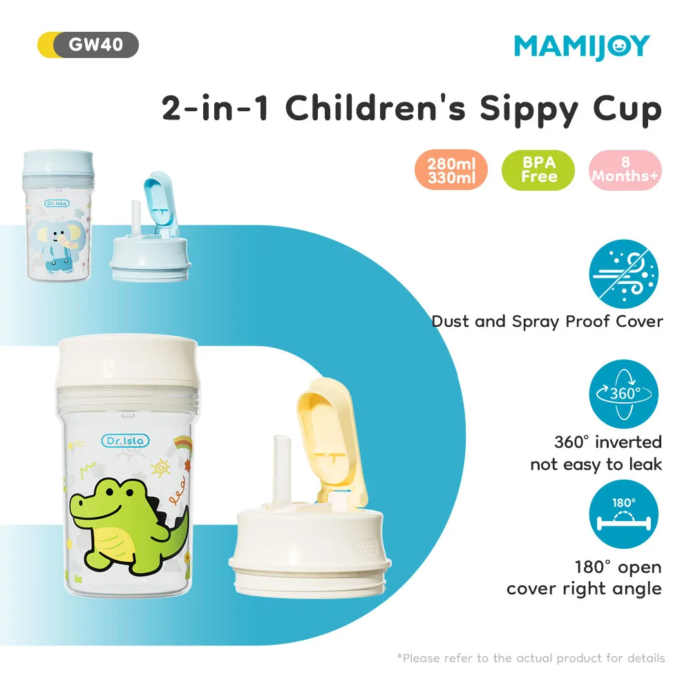 MAMIJOY 베이비 워터 컵 2-in-1 280/330ML 빨대 뚜껑이 있는 어린이..