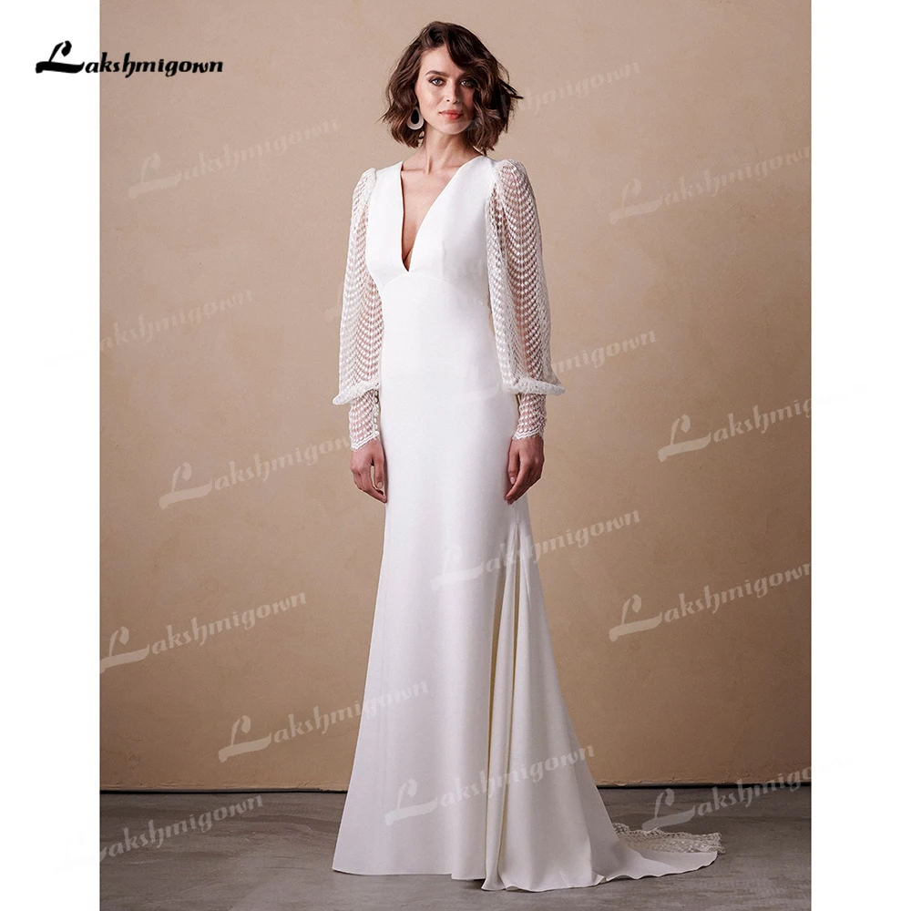 Mermaid Wedding Dress - Boho Bridal Gown With Lace Puff Sleeve & V Neck