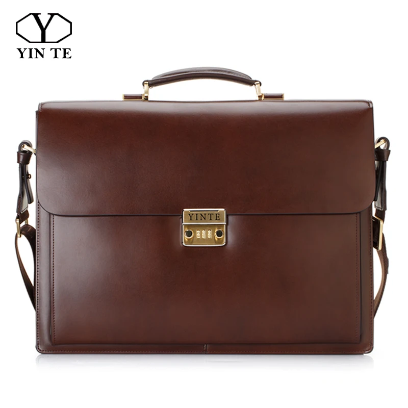 

YINTE 15 inch Laptop Bag Leather Men's Big Briefcase Style Brown Bag Lawyer Handbag Document Men's Portfolio Totes