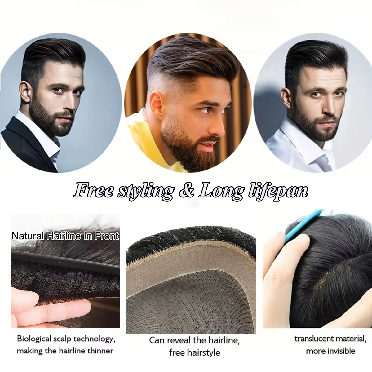 Toupet Fine Mono per Uomo in Capelli Umani Veri, Sistema Capillare Durevole per Uomini, Protesi Capillare Traspirante con Bordo in PU, Soluzione per la Perdita di Capelli Maschile - immagine 6