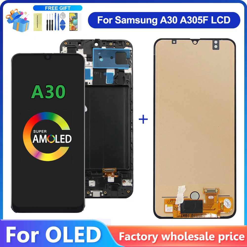 Amoled Per Samsung A50 Display Lcd Touch Screen Digitizer Assembly Per Samsung A50 A505 A505F/Ds A505F A505Fd Schermo Con Cornice