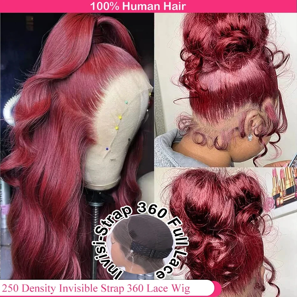99J Invisible Strap 360 Full Lace Glueless Wigs Human Hair With Drawstring Pre Cut Body Wave Burgundy HD 360 Lace Frontal Wig