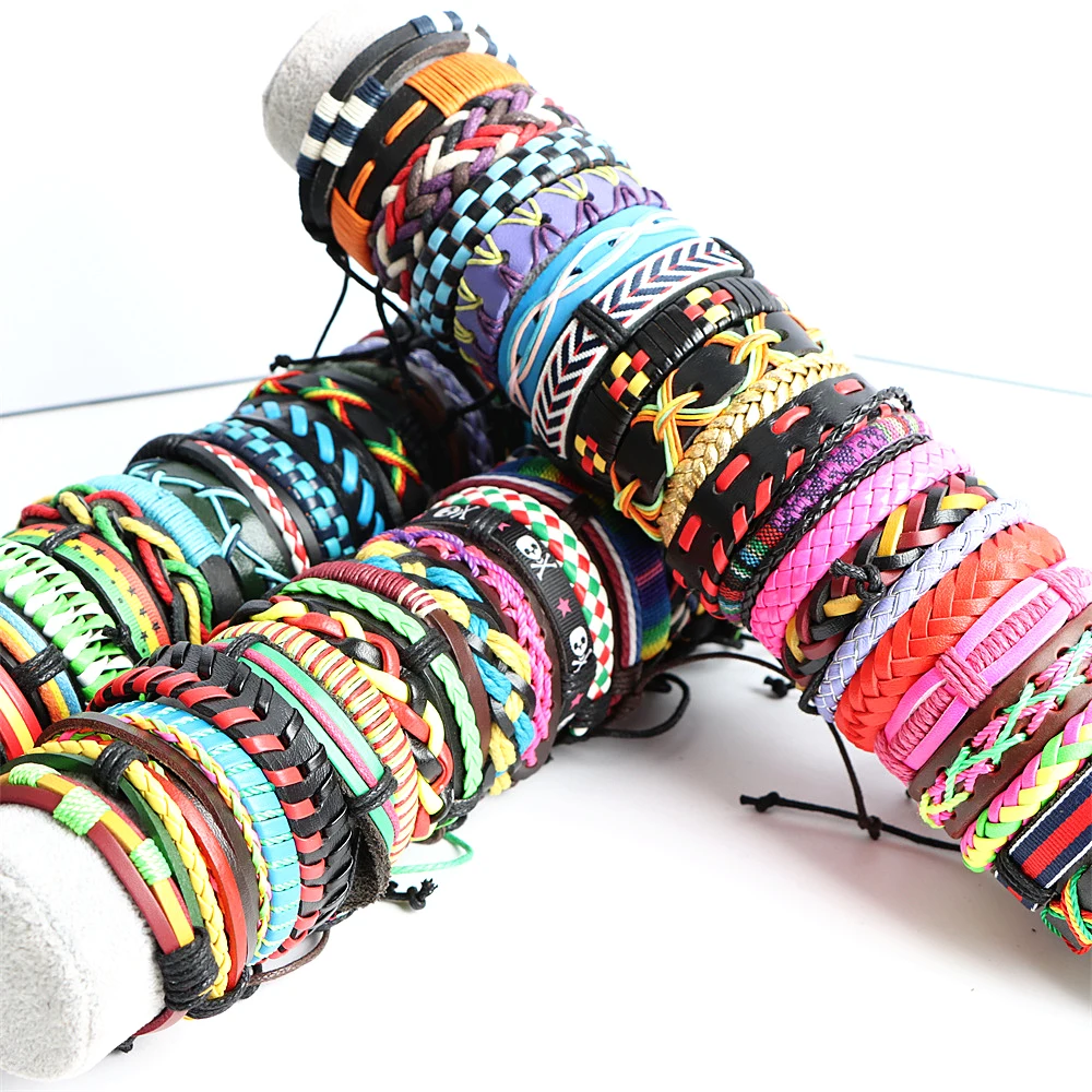 Colorful Braid Leather Adjustable Bracelets Bangles For Women Men 10/20/30/50/100pcs/lot
