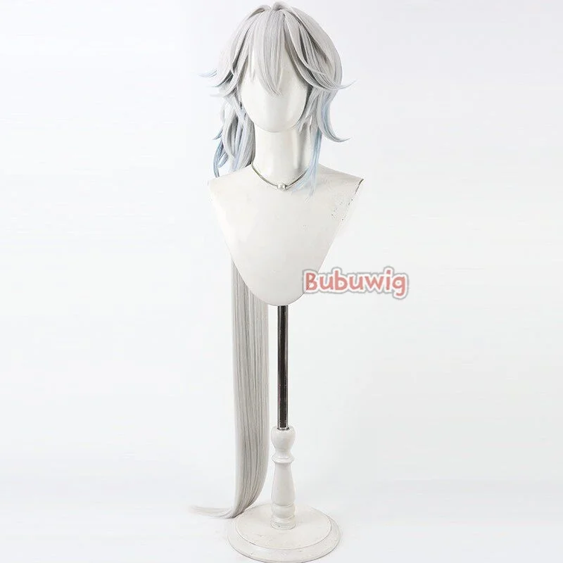 Bubuwig 합성 헤어 야오광 코스프레 가발 게임 혼카이: 스타 레일 야오광 100cm 실버 화이트 믹스 블루 가발 내열성