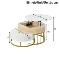 Comanlai Ensemble de 2 tables basses rondes pliables, table d'appoint réglable en hauteur, avec plateau relevable et tiroir, espace de rangement caché 5