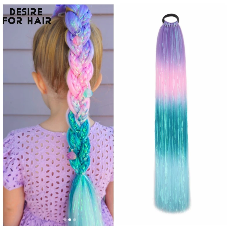 Glitter Ponytail On Hair Tie Tinsel Ponytail On Elastic Band Braided Synthetic Ponytail Hair Extensions For Kids Braiding Hair