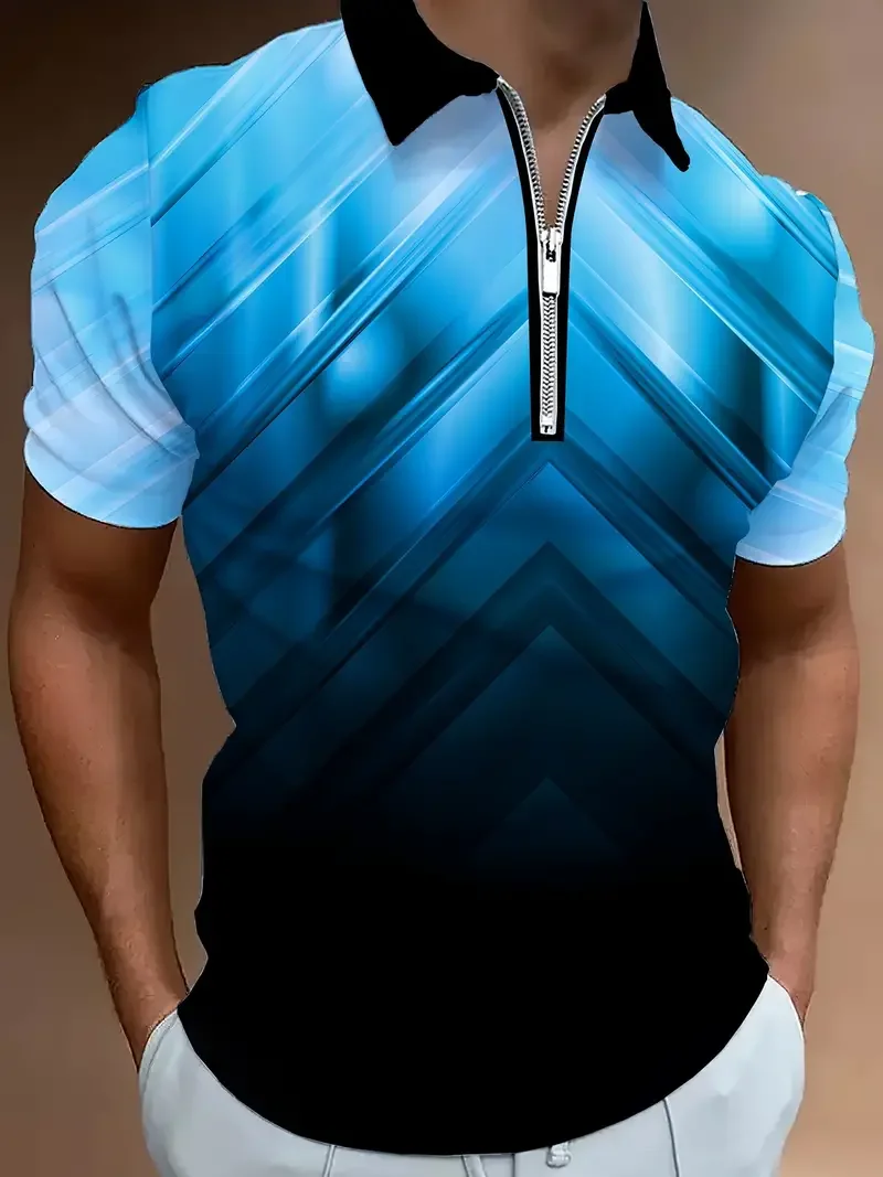 Plus Size Men's Gradient Color Herringbone Pattern Print Golf T-shirt, Summer Trendy Short Sleeve Tennis Tees