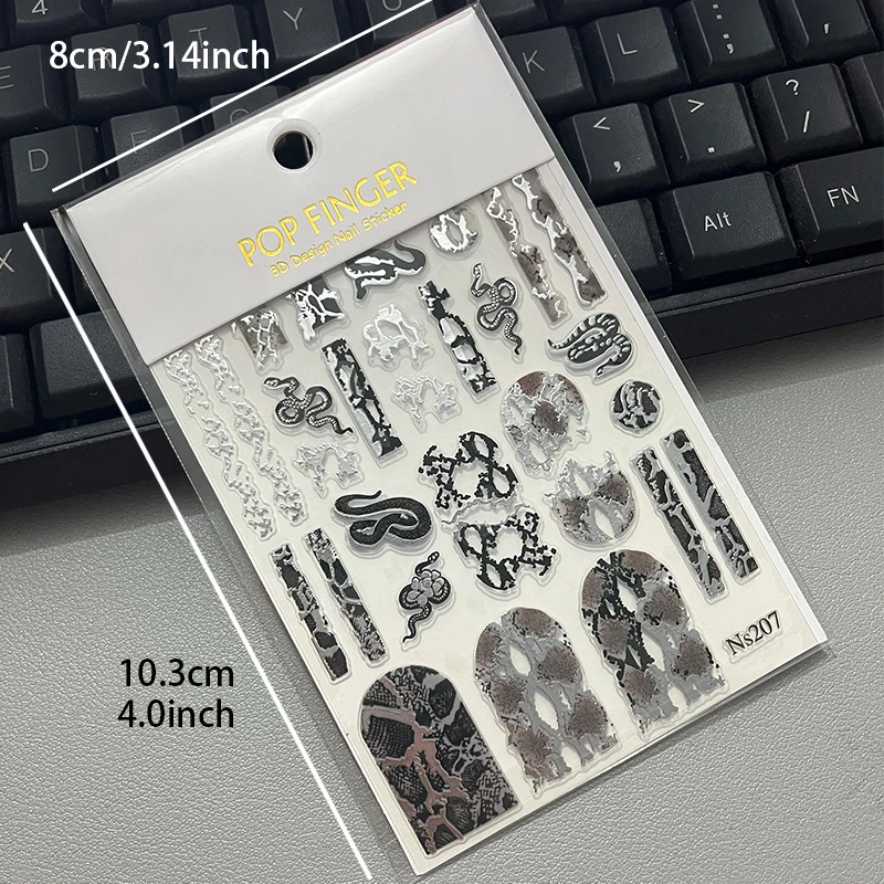 3D Embossed Snake Nail Stickers Black Self-Adhesive Snake Nail Art Stickers Decals Supplies Horror Snakeskin Nail Slider Decor 4