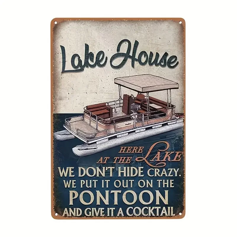 1pc Retro Tin Sign, Funny Metal Sign Lake House Wall Art Coffee Tin Sign Vintage Kitchen Wall Decor, Yard Gallery Bathroom Wall