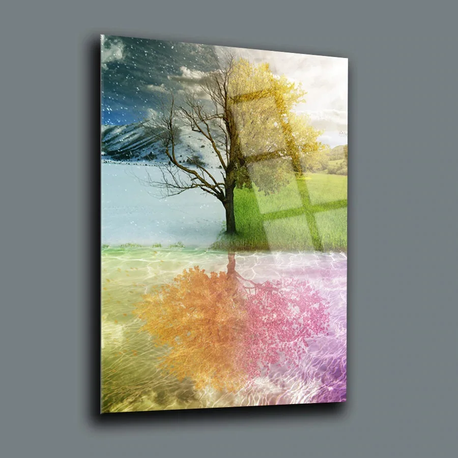 

Four Season Wall Decor, Glass Wall Art, Frameless Free Floating Tempered Glass Panel, Home Office Living Room Decoration,