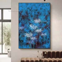 Hand Painted Abstract Blue Floral Oil Painting Textured Spider Lily Canvas Wall Art Unique Vertical Picture for Bedroom Decor 1
