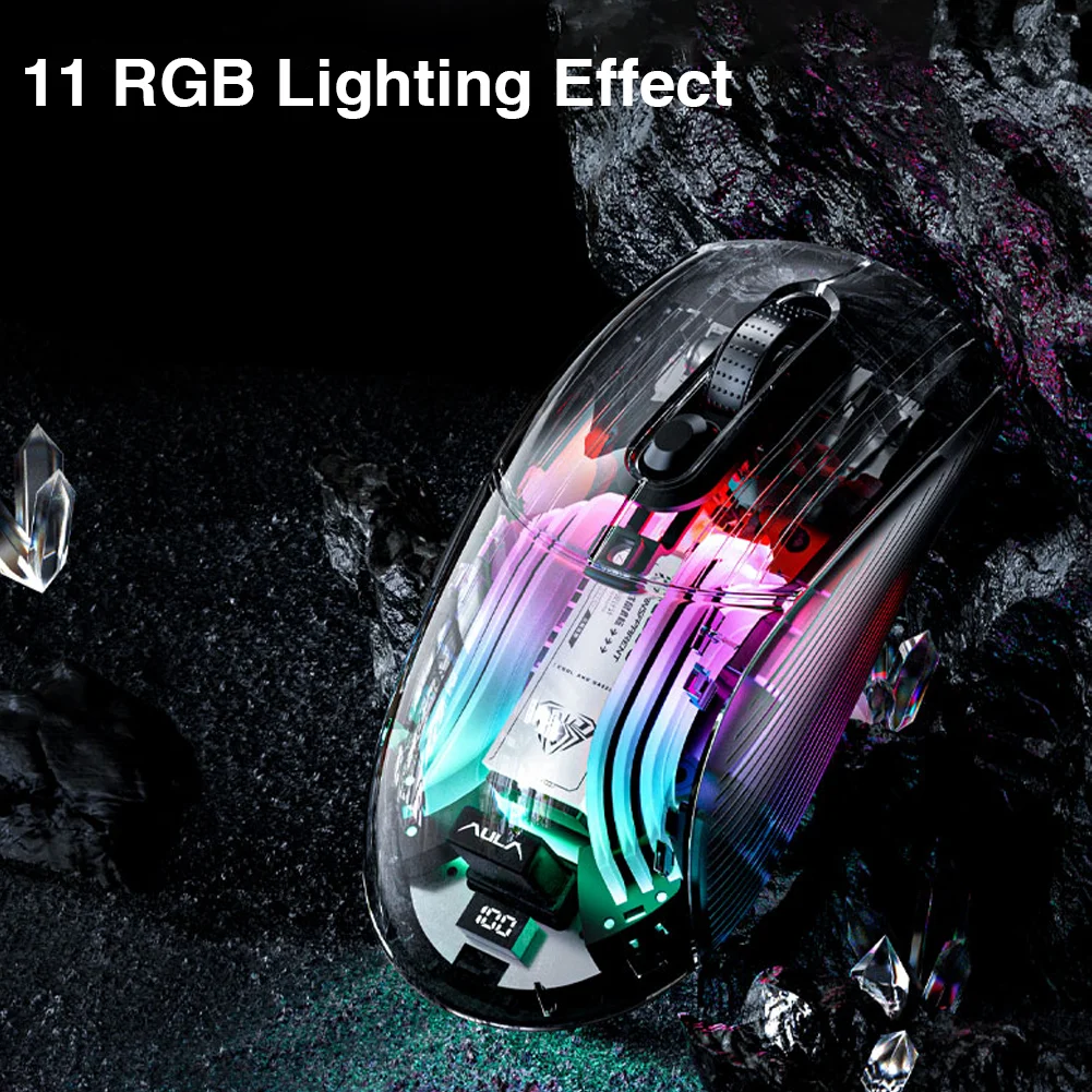 AULA SC630 Tri-mode Wireless RGB Mouse 4000 DPI Transparent 11 RGB Light Modes With Charging Base For Wireless Mouse Wireless Optical Mouse