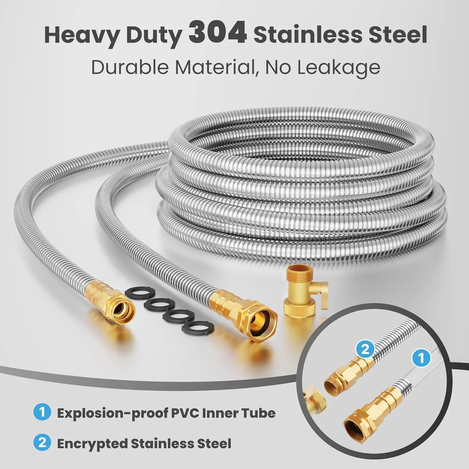 Giraffe Tools 5/8" Garden Hose, 304 Stainless Steel Metal Water Hose, No Kink Garden Water Hose with 9 Pattern Spray Nozzle 2