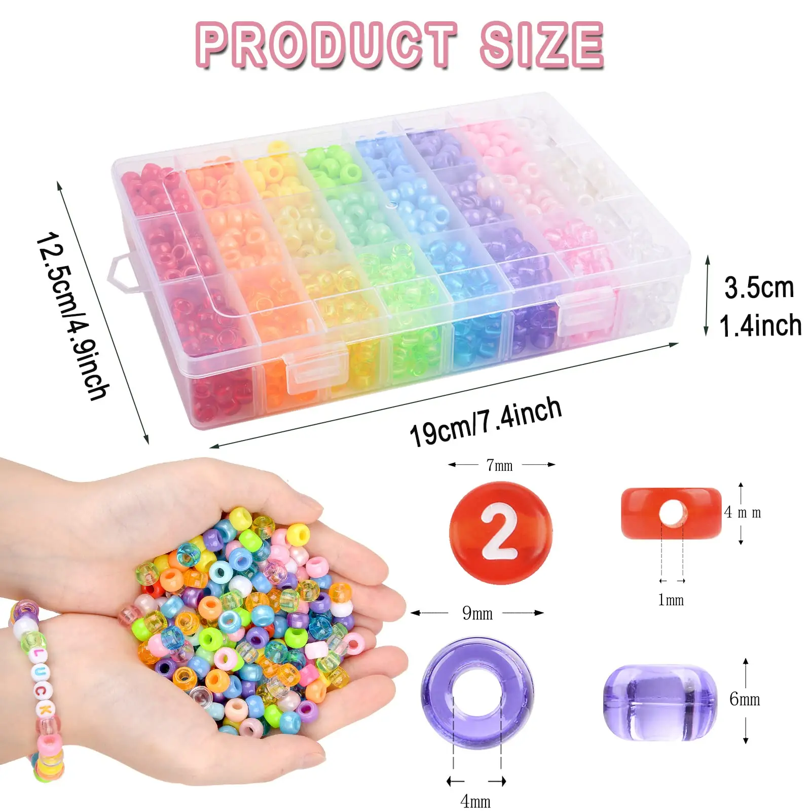 500 Perline Pony Colorate Per Gioielli E Trecce | 6x9 Mm Con Foro 3,5 Mm | Perline Kandi, Glitter E Metalliche Per Bambini - 2