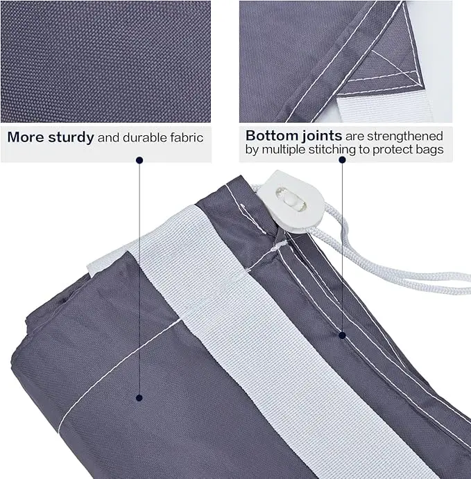 2-pack XL nylon laundry bags with straps. Holds up to 4 loads of clothes. Fits hampers or baskets. Durable grey design. 5