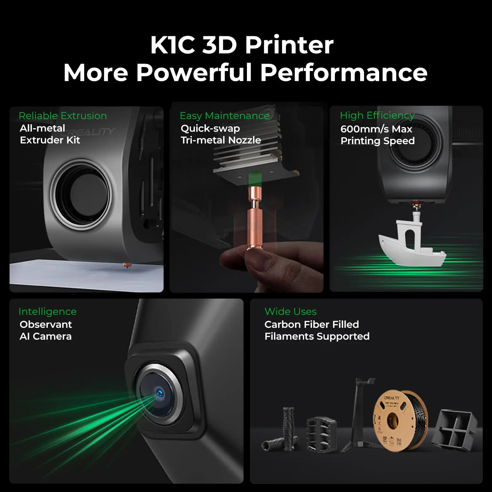 Creality K1C 3D 프린터, 자동 레벨링, 견고한 직접 압출기, 트라이 메탈 깍지, 300 °C 인쇄 업그레이드 K1, AI 카메라 포함, 600 mm/s