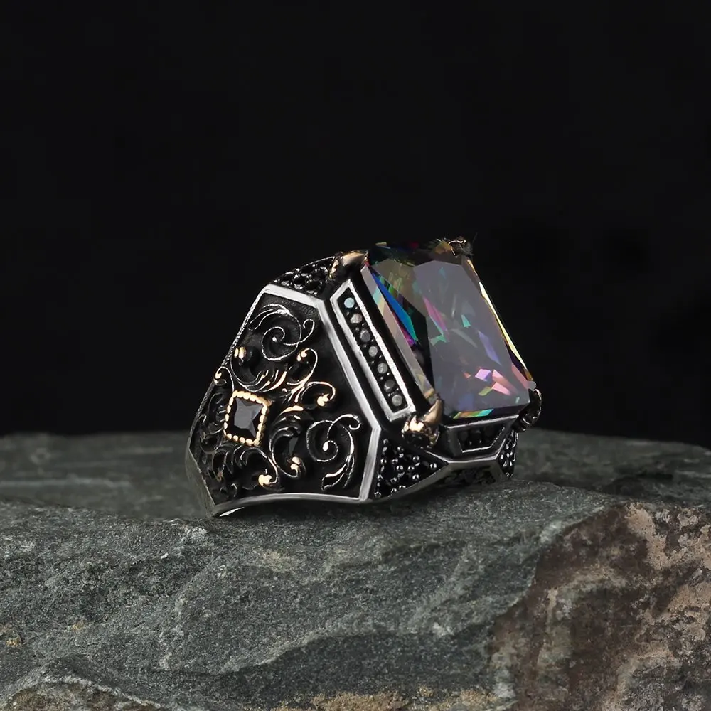 

925 Sterling Silver Men's Ring Real Pure With Mystic Topaz And Blue Red Zircon Stones High Quality