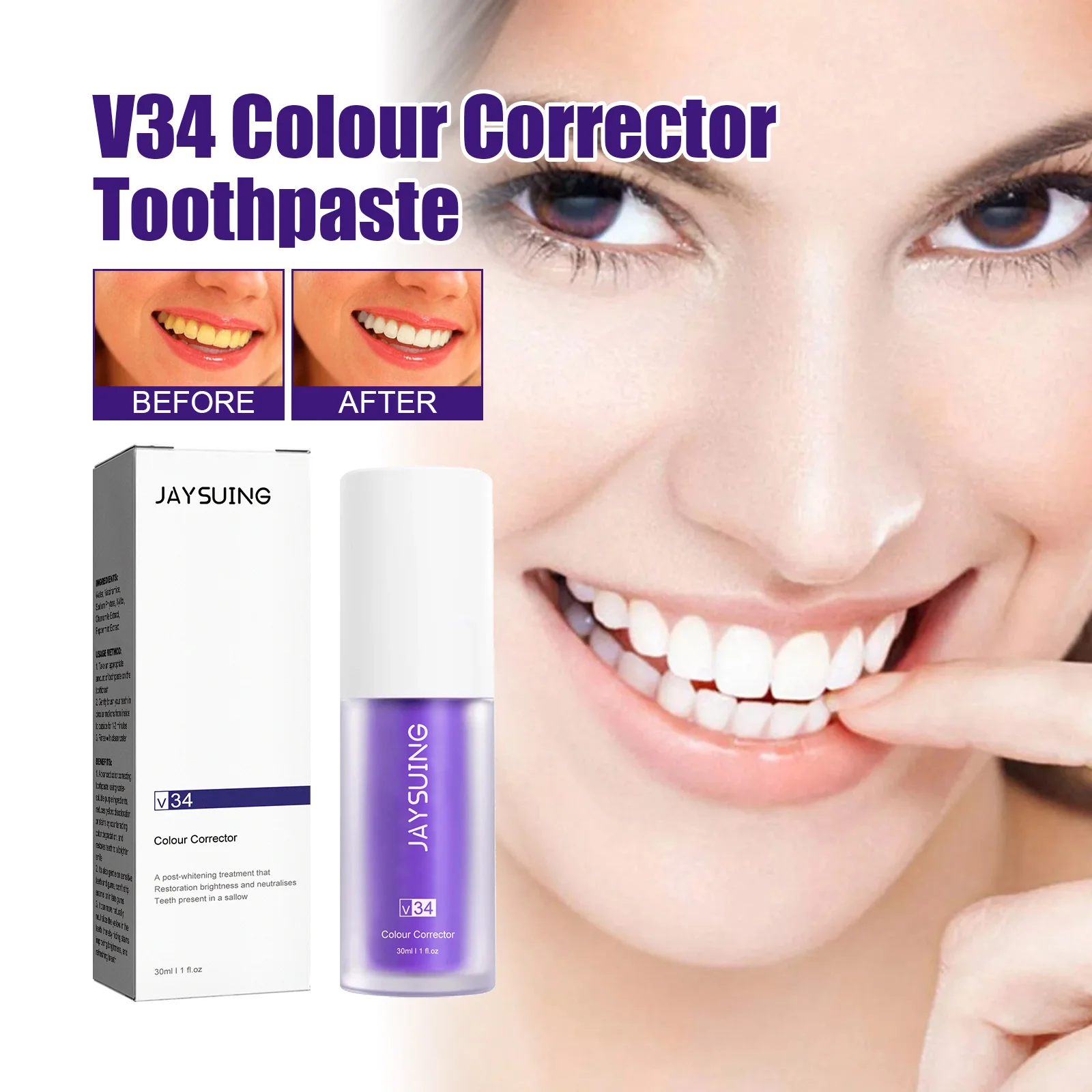Jaysuing V34 Toothpaste Colour Corrector Teeth Whitening Purple Fresh Breath Brightening Stain Removal Gum Care Cleaner teeth whitening product,teeth health product