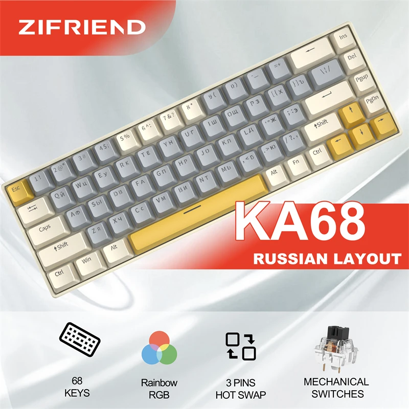 ZIFRIEND KA68 Wired Russian Mechanical Keyboard PBT Rainbow RGB