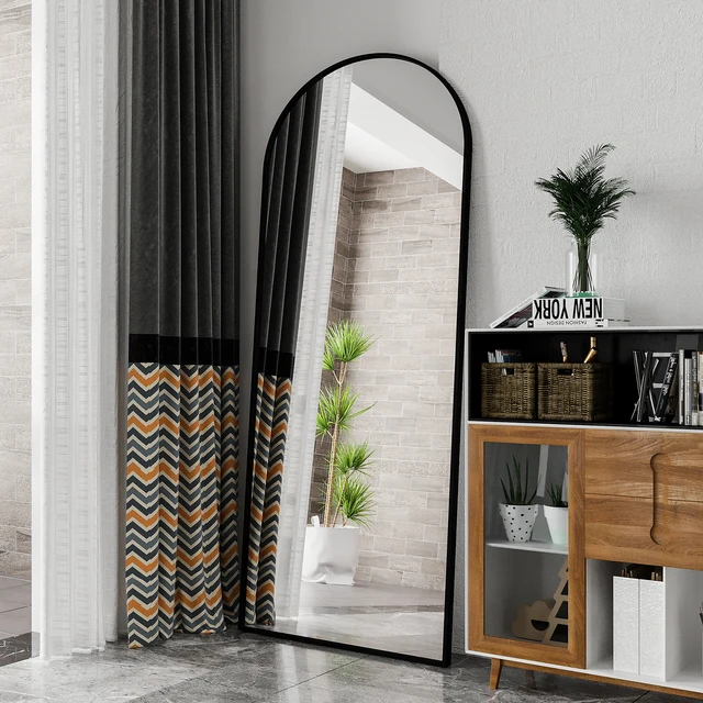 Specchio a tutta massa 180x80cm, specchio curvo con telaio in lega di alluminio nero e vetro rinforzato, con ganci, specchio da pavimento grande HD 4