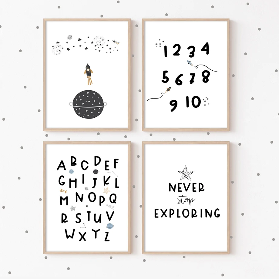 

Black White Exploring Planet Rocket Alphabet Number Math Canvas Posters Nursery Art Paintings Wall Pictures Kids Room Decor