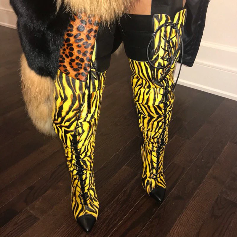 

Customize 44 Women Over Knee High Boots Cross tied Pointed Toe Thin High Heel Shoes Plus Size Zebra Pattern Boots 2021