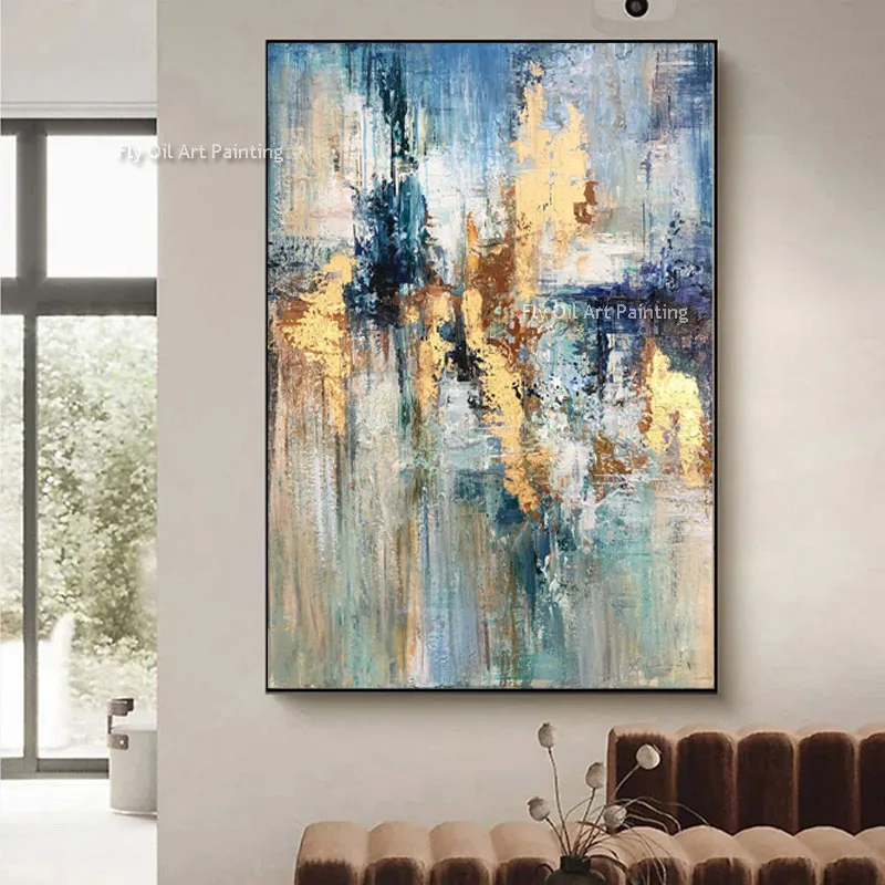 

Золотая фольга, искусство, ручная роспись, современная абстрактная картина маслом на холсте, синее золото, настенная живопись для гостиной, домашний декор, картины