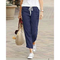 2026 Casual Pants Women Spring Summer Solid Color High Waist Drawstring Elastic Ankle-Length Pants Female Pockets Harem Trousers