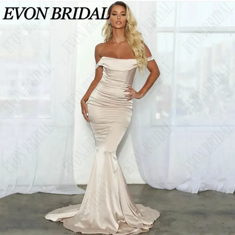 

EVON BRIDAL Off The Shoulder Mermaid Prom Dresses Elegant Satin Boat Neck Evening Gowns Formal Occasion Simple Vestidos De Noche