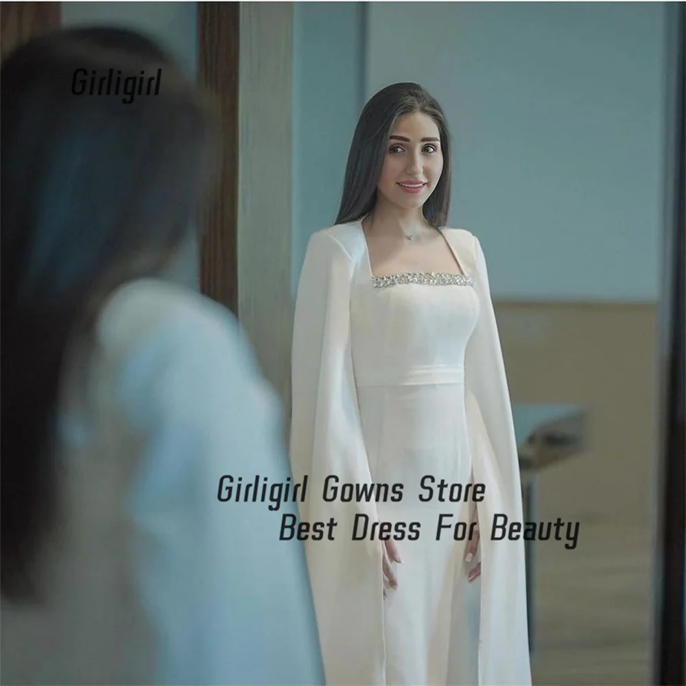

Girligirl Slim Bodice Evening Dress Square Neckline With Beading Crystal Long Slit Sleeves For Women Formal Occasion Gowns