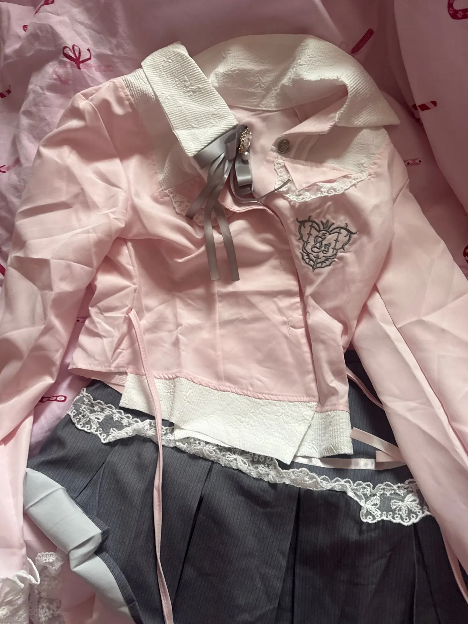 Spring Y2K Princess Outfits Women 2 Piece Sets Sweet Kawaii Bow Tops + Lace Pleated Skirt Female Retro Chic Preppy Style Clothes photo review