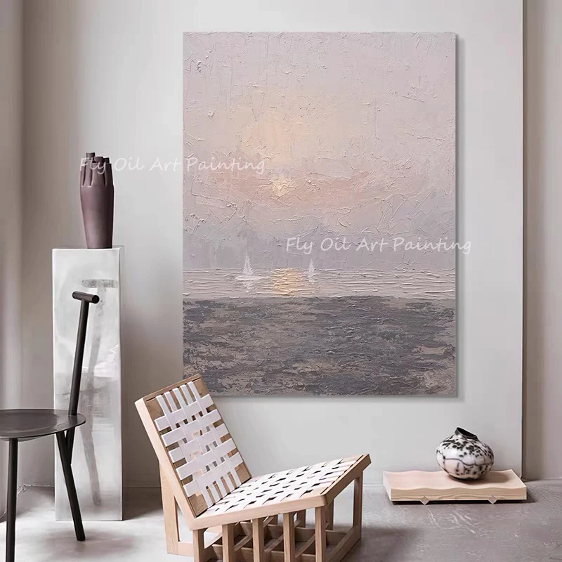 

Simple ocean sea with sailboat thick Large Size 100% Handpainted Oil Painting Porch Aisle For Living Room unframe as a gift