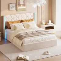 Кровать Comanlai 140x200 см с мягкой обивкой и светодиодной подсветкой, двуспальная кровать с решетчатым каркасом, гидравлический каркас кровати для хранения вещей - бархатная ткань — изображение 3