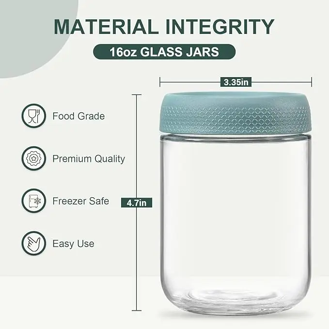 6-Pack 16 oz Overnight Oats Containers with Lids, Glass Jars with Airtight Lids, Wide Mouth Mason Salad Jars, Ideal for Snacks, 2