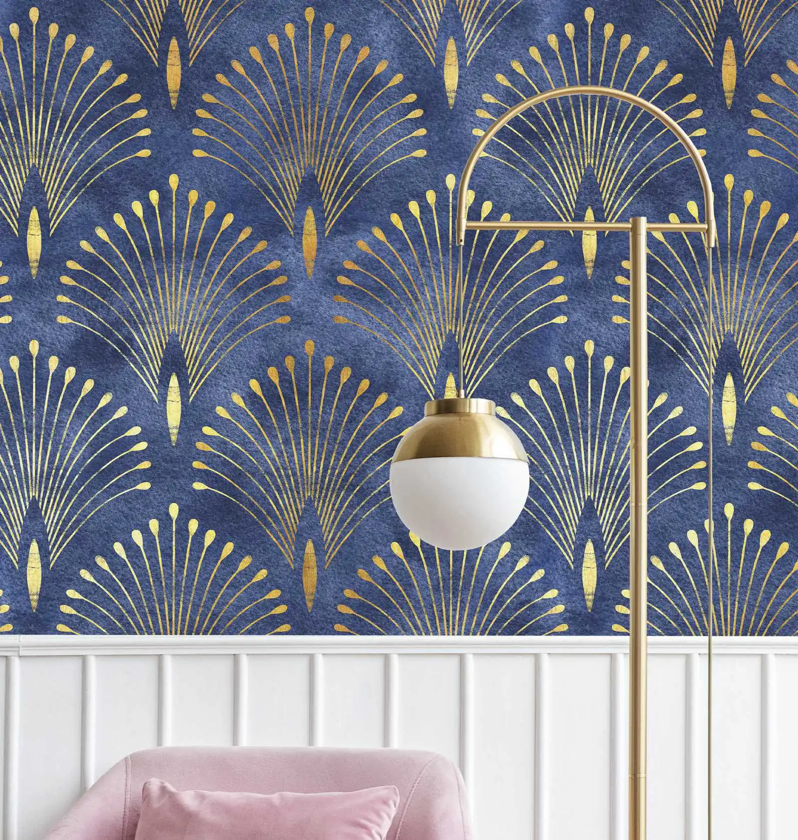 Papel de Parede Autoadesivo Removível Decoração de Parede de Luxo Vintage Papel de Parede Descascar e Ficar Efeito Azul Escuro e Dourado Art Deco