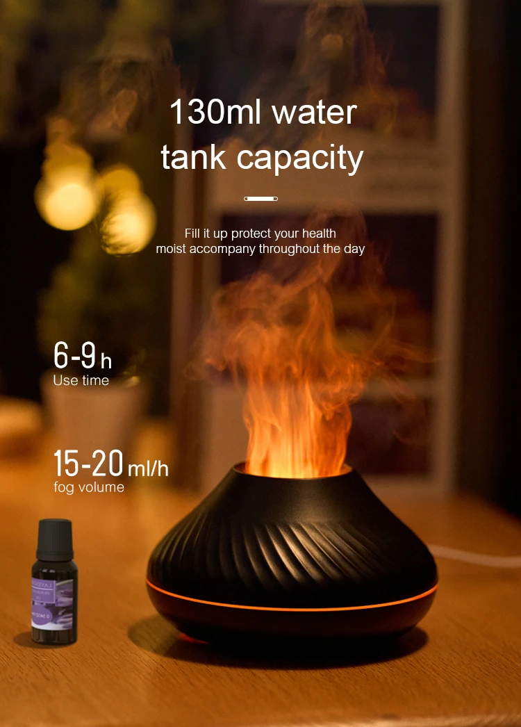 Kinscoter Volcanic Aroma Diffuser Essential Oil Lamp 130ml USB Portable Air Humidifier with Color Flame Night Light