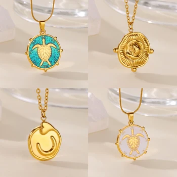 Cute Heart Crescent Moon Necklaces for Women Geometric Turtle Pendant Stainless Steel Necklace Waterproof Jewelry Gift