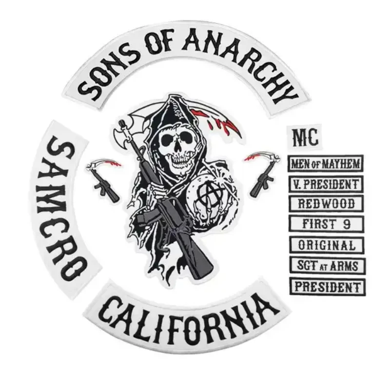 

Вышитые нашивки Sons Of анархии, оптовая продажа, черный полный комплект, мотоциклетная вышитая нашивка для одежды, куртки и спины