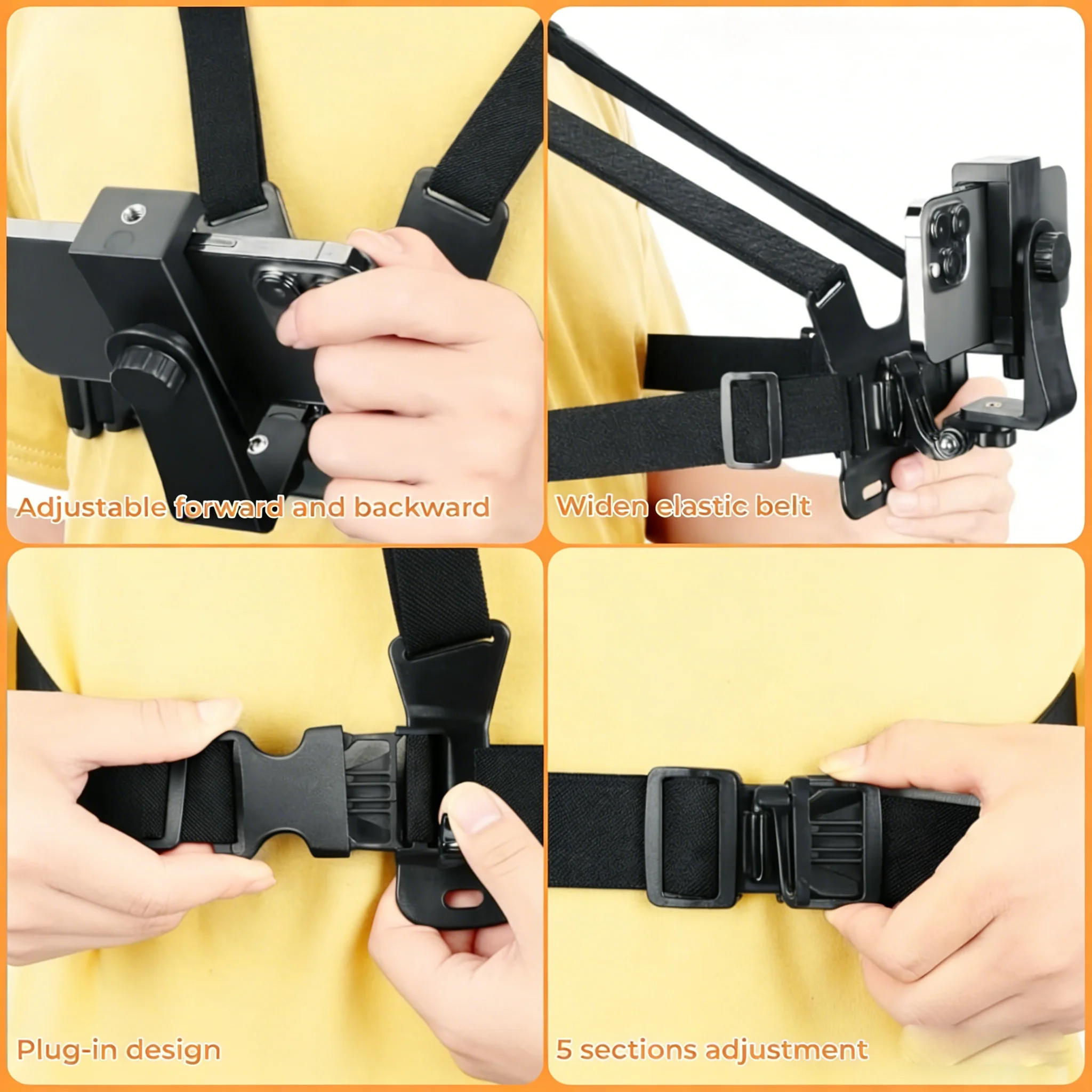 조절 가능한 헤드밴드 및 가슴밴드 슈팅 스탠드(모바일폰 및 액션 카메라용, GoPro, DJI 등 호환 가능)