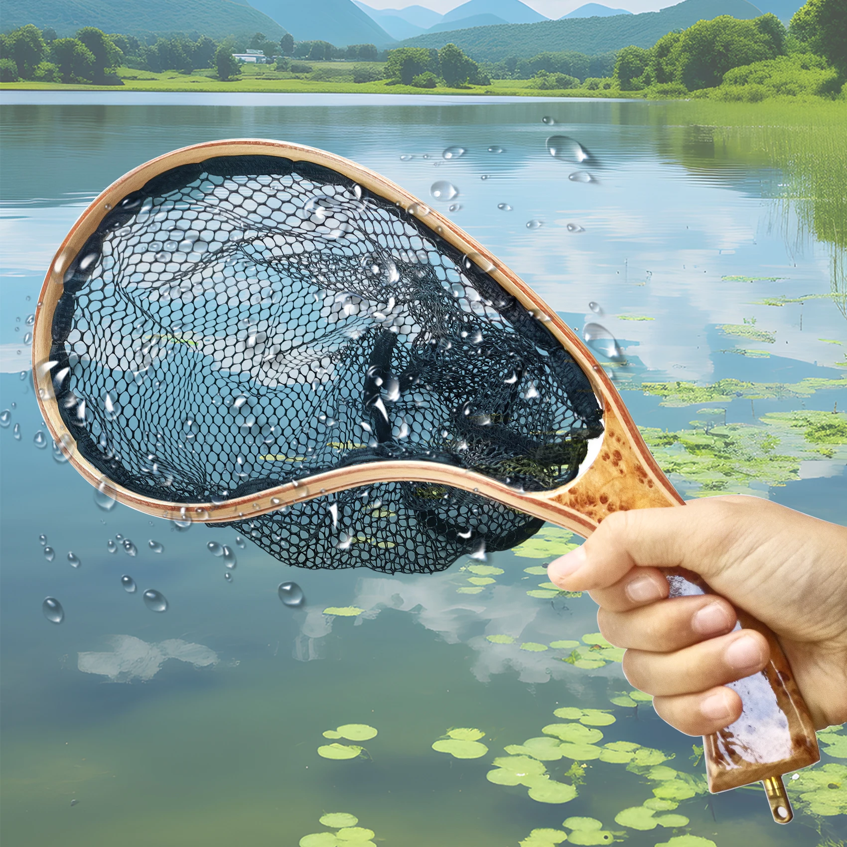 Aventik Tenkara 곡선 나무 플라이 낚시 뜰채, 초경량 낚시 그물, 회전 황동 랜야드 부착 완벽
