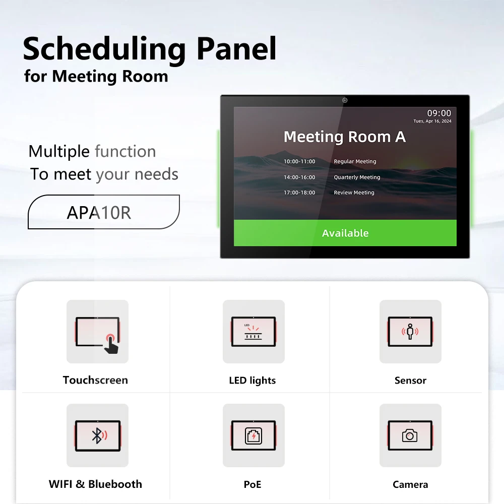 Wall Mount 10.1 Inch Meeting Room Tablet PoE Android Scheduling Panel with LED Lights Touch Screen Conference Panel
