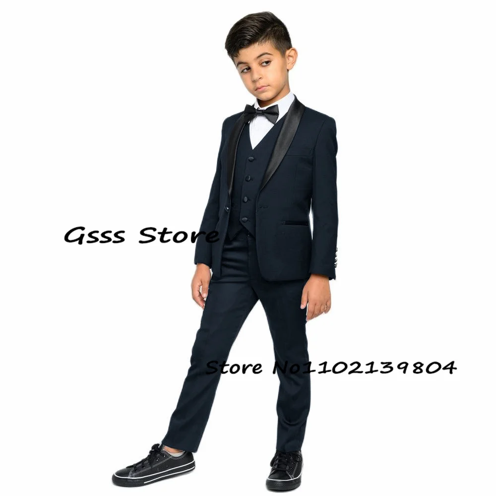 

Boys Suits Formal 3 Piece Wedding Tuxedo Shawl Collar Blazer Pants Vests Navy Blue Kids Tailored Suits костюм для мальчика