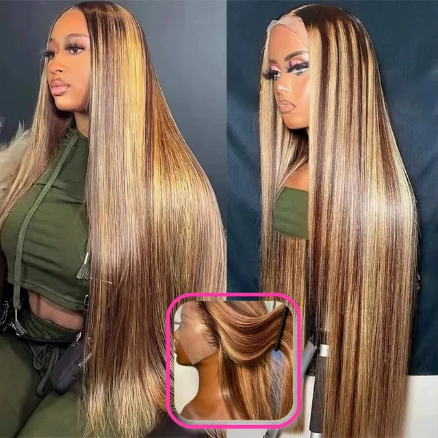 Perruque Lace Front Ombrée en Cheveux Humains, Perruque Frontale 13x4HD, Perruque Droite 4/27, Perruque Ombrée Brun Blond en Cheveux Humains, Densité 200 1