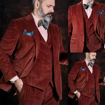 Giacca da uomo d'affari slim fit monopetto in velluto a coste retrò in tre pezzi, miglior abito da sposo per matrimonio (giacca + gilet + pantaloni