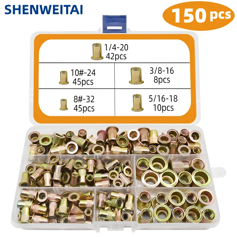 

150pcs Rivet Nuts Assortment Kit Carbon Steel 3/8-16 5/16-18 #8-32 #10-24 1/4-20 Flat Head Yellow Zinc Plated Nutserts Set