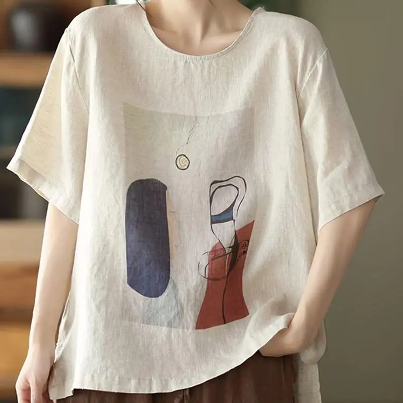 Linen print round T-shirt _ beige