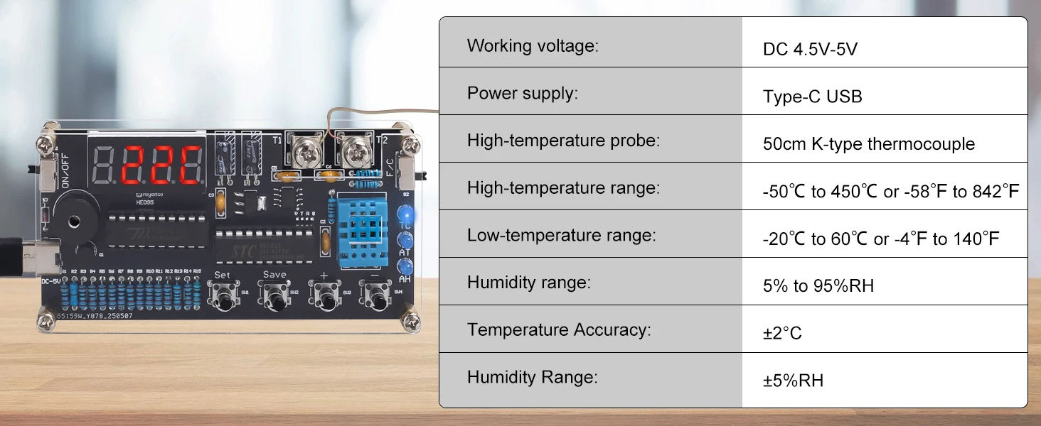 DIY-Thermometer-Elektronik-Kit mit High/Low-Alarm, DC 4,5–5 V Temperatur-Feuchtigkeitssensor, Lötprojekt für STEM-Lernen – Detail 3