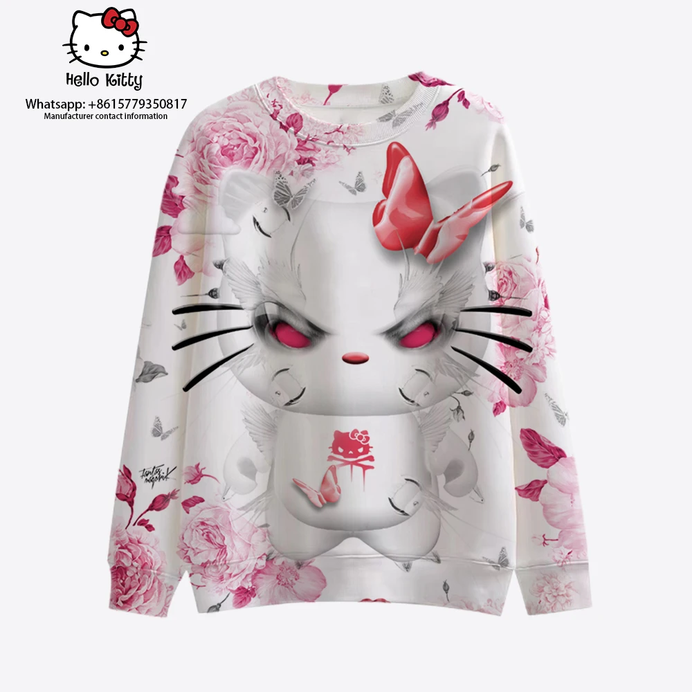 

Hello Kitty Women's Halloween Sweatshirt Loose Sweater Retro Pumpkin Print Long Sleeve Crew Neck Pullover Women's Oversized Funn